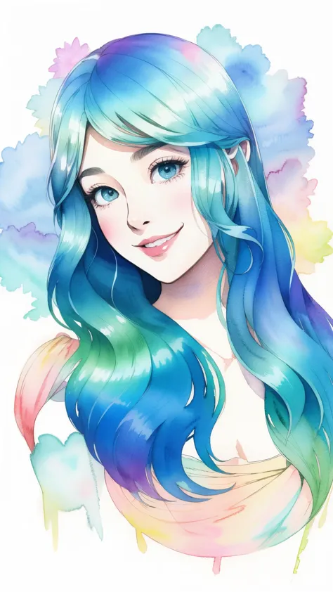 (artwork, Maximum quality, Best quality, watercolor (medium), official art, Beautiful and Aesthetic:1.2), (1 girl:1.3), (fractal art:1.3), morning, Good morning, Smile, sunny day, cheerful, look at viewer, Pattern, wave, (iridescent hair, colorful Hair:1.2), Sky, Gas, clouds, colorful, soap bubbles