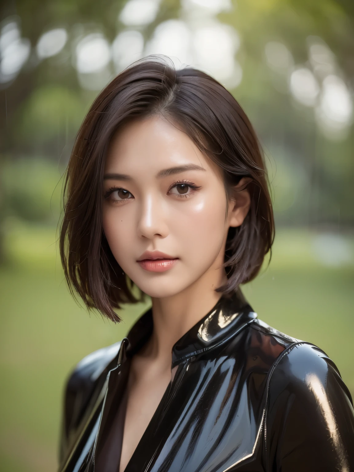 beautiful handsome woman, (((highest quality, 8K, masterpiece: 1.3)), beautiful japanese woman, 1 female, big: 1.3, slender body shape: 1.1, bouncy dark brown short hair, (rainy park, wet body, wet clothes: 1.1), highly detailed face, lip details, fine eyes, double eyelid, raised his arms