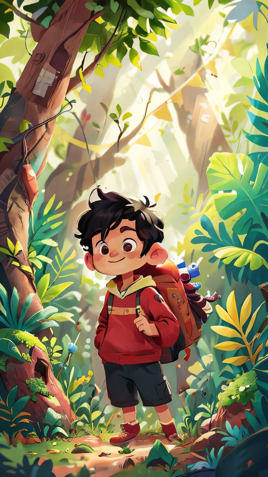 boy, black hair, long eyelashes, Smile, red hoodie, Backpack