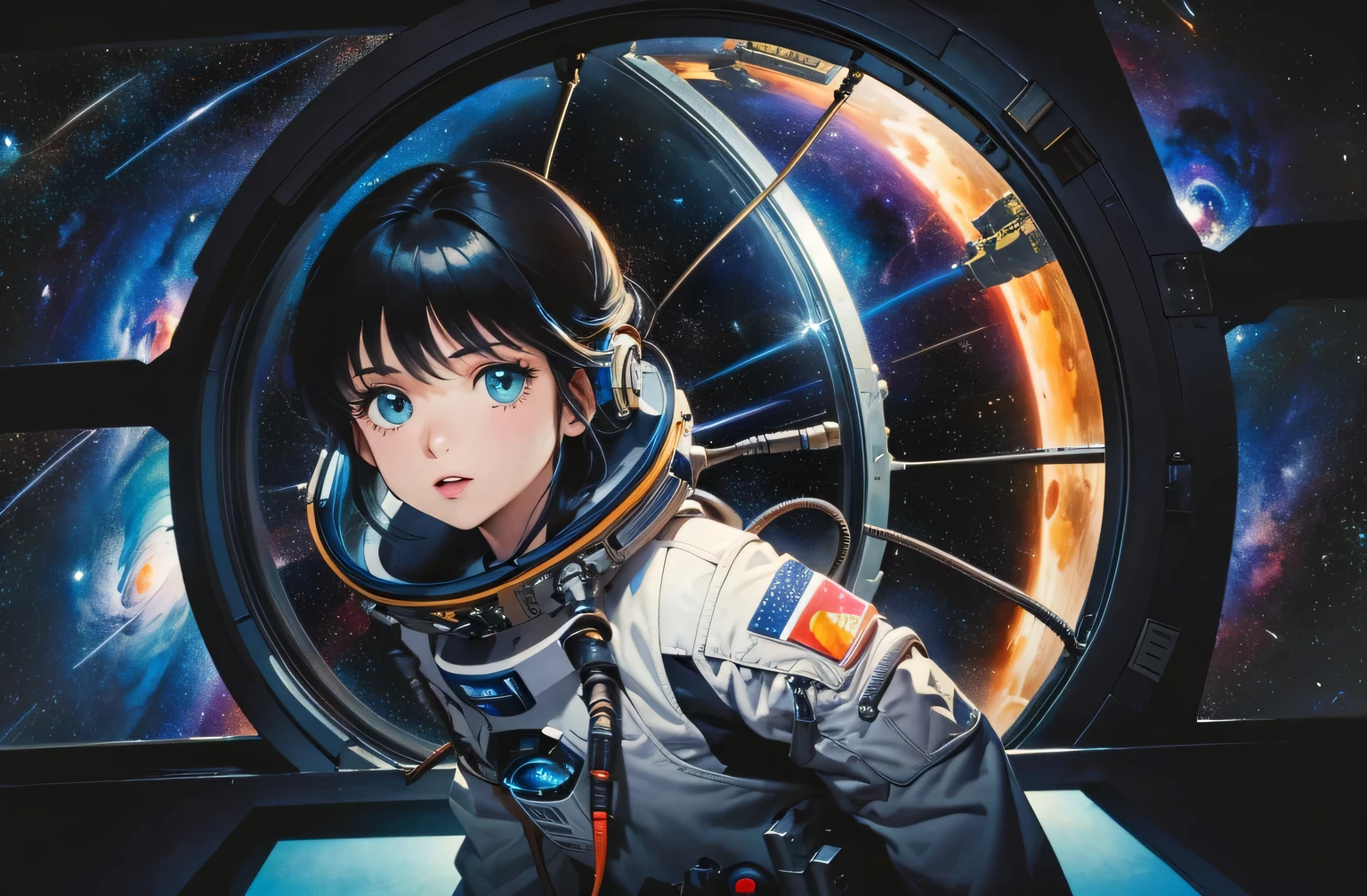 (masterpiece, top quality, best quality, Very detailed, most detailed, official art, Beautiful and beautiful:1.2), colorful,  cowboy shooting, pretty face, alone, Perfect body, beautiful eyes, 1 girl, in space, spacecraft, space suit, indoors, (Wire and Cable:1.1), (Science fiction:1.2), porthole, (space within illuminator:1.1), Star