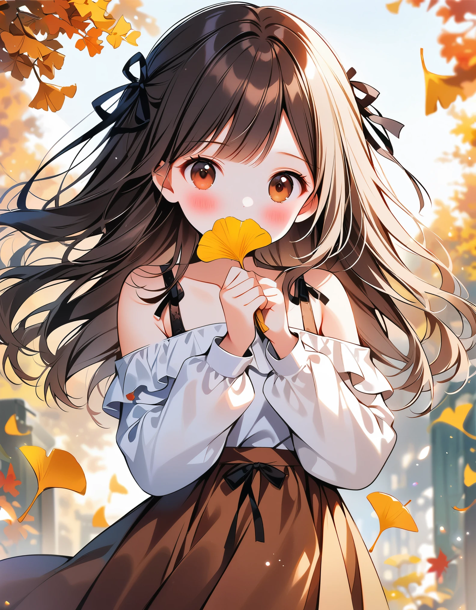 (masterpiece), (best quality), illustration, ultra detailed, hdr, Depth of field, (colorful),Artist weri, 1girl, solo, looking at viewer, leaf, long hair, holding leaf, brown eyes, skirt, long sleeves, ginkgo leaf, off shoulder, hair ribbon, shirt, brown skirt, blurry, ribbon, holding, bangs, brown hair, blush, black ribbon, covered mouth, white shirt, depth of field, hand up, blurry background, autumn leaves, black shirt