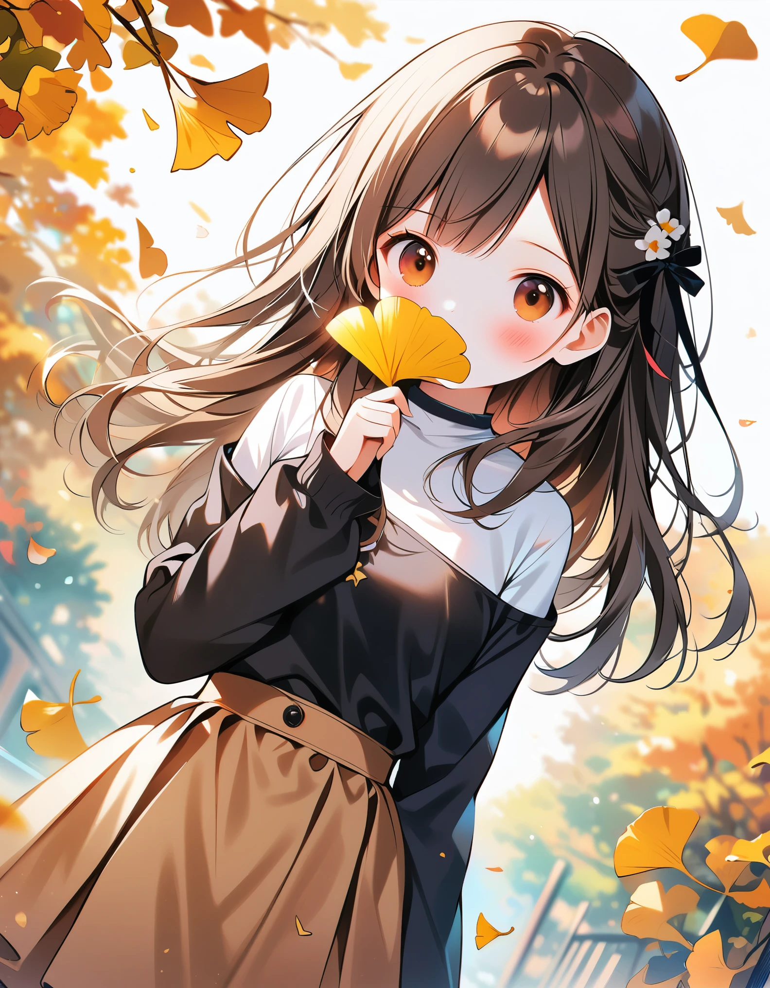 (masterpiece), (best quality), illustration, ultra detailed, hdr, Depth of field, (colorful),Artist weri, 1girl, solo, looking at viewer, leaf, long hair, holding leaf, brown eyes, skirt, long sleeves, ginkgo leaf, off shoulder, hair ribbon, shirt, brown skirt, blurry, ribbon, holding, bangs, brown hair, blush, black ribbon, covered mouth, white shirt, depth of field, hand up, blurry background, autumn leaves, black shirt