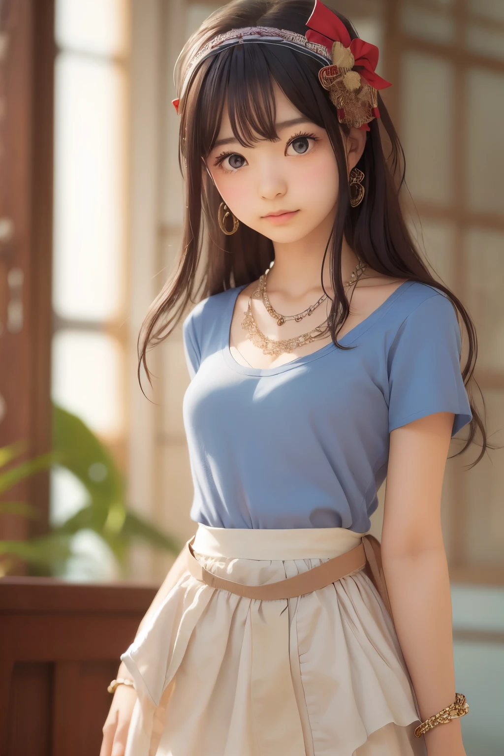 ((sfw: 1.4)), (sfw,She is wearing a long white embroidered skirt, a red blouse with lace, a white apron tied around her waist, blue socks, and brown leather shoes.A blue scarf is on her head. Yes, her accessories include necklaces, earrings, and bracelets. 1 Girl)), Ultra High Resolution, (Realistic: 1.4), RAW Photo, Best Quality, (Photorealistic Stick), Focus, Soft Light, ((15 years old)),  ((Japanese)), (( (young face))), (surface), (depth of field), masterpiece, (realistic), woman, bangs, ((1 girl))