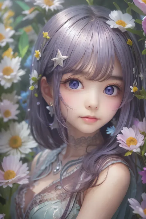 masterpiece, highest quality, Super detailed, figure, , , 1 girl,alone, image body, flower, looking at the viewer, , , purple ey...