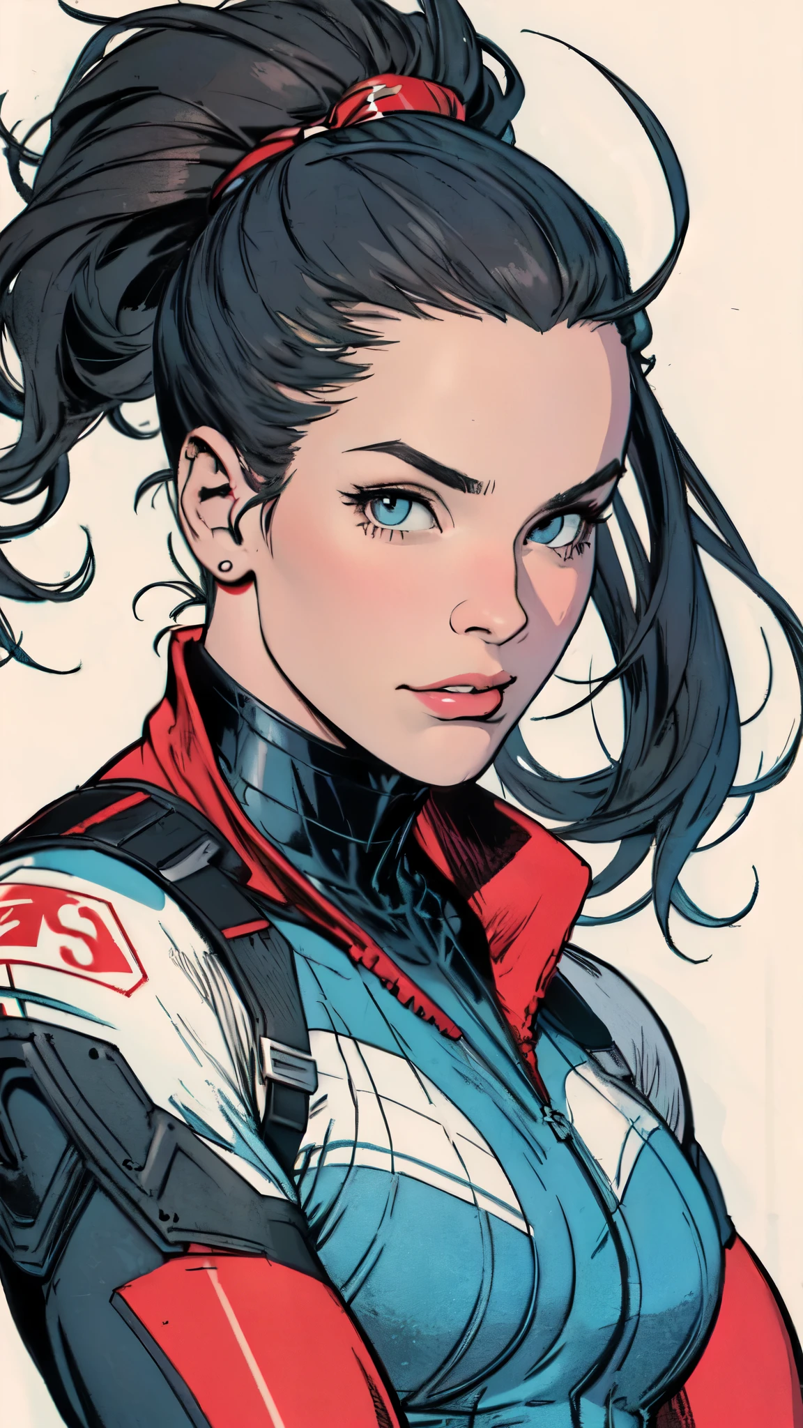 masterpiece,extremely beautiful woman,Excellent sense,(((perfect very white background))),American Comics,(((The Perfect One Woman))),(((one person))),colorful,Highly detailed perfect upper body,highly detailed face,near future,SF,provocative attitude,