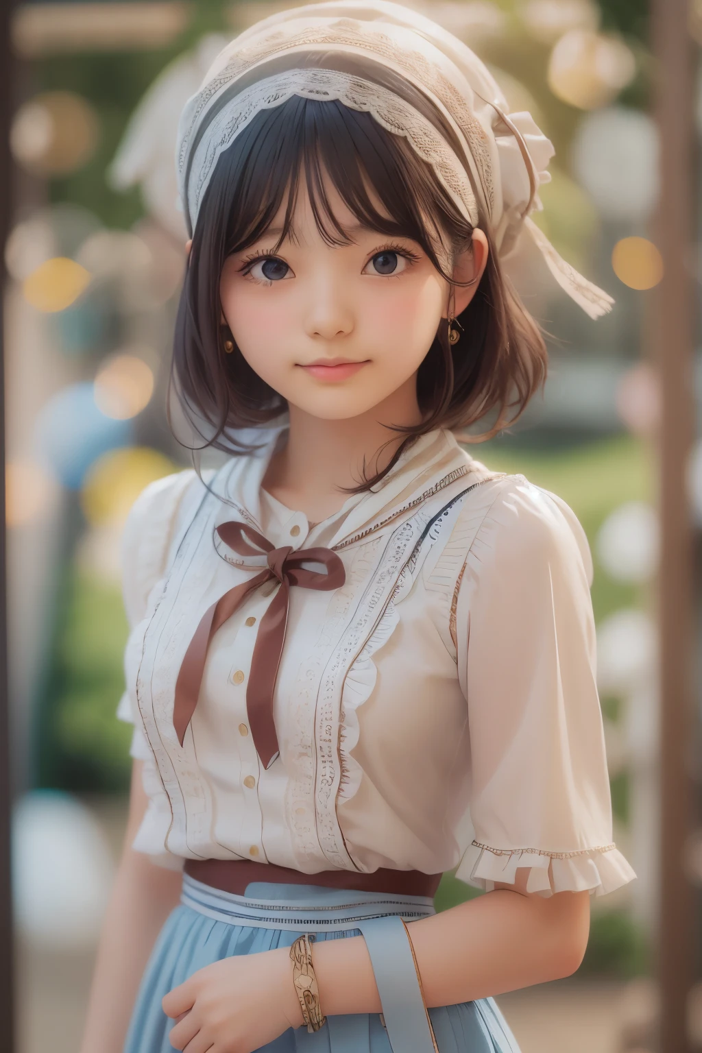 ((sfw: 1.4)), (sfw,She is wearing a long white embroidered skirt, a red blouse with lace, a white apron tied around her waist, blue socks, and brown leather shoes.A blue scarf is on her head. Yes, her accessories include necklaces, earrings, and bracelets. 1 Girl)), Ultra High Resolution, (Realistic: 1.4), RAW Photo, Best Quality, (Photorealistic Stick), Focus, Soft Light, ((15 years old)),  ((Japanese)), (( (young face))), (surface), (depth of field), masterpiece, (realistic), woman, bangs, ((1 girl))