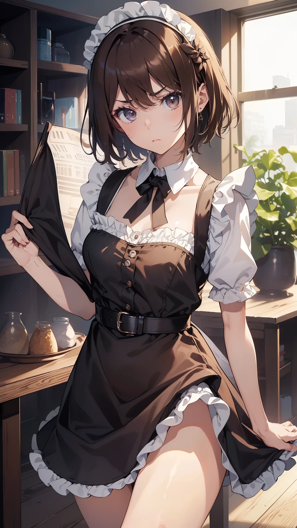 (highest quality, 8K, masterpiece, best image quality,  ultra hd, delicate and smooth skin, real looking skin, perfect and beautiful face ,perfect and cute face, high detail skin, perfect limbs、thin waist、thin legs)、NSFW、grumpy face、very short hair、brown hair、(Maid clothes)、locker room、((silk flag darling))