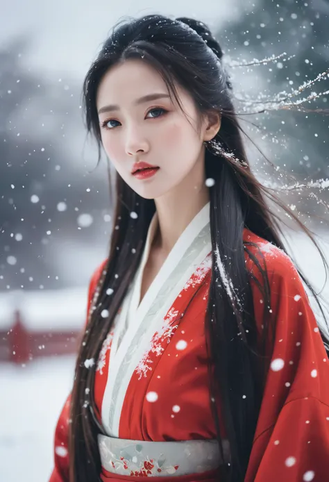 cinematic photo ,Best quality , (masterpiece:1.2) , cinematic photo,1girl,A beautiful girl in red hanfu, Standing in the wind an...