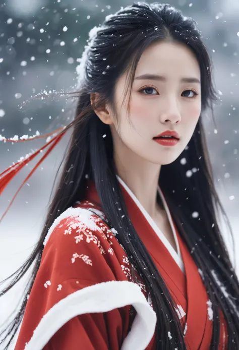 cinematic photo ,Best quality , (masterpiece:1.2) , cinematic photo,1girl,A beautiful girl in red hanfu, Standing in the wind an...