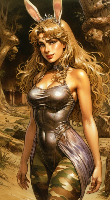 uma obra-prima, Melhor qualidade, woman wearing a militar camouflage micro dress,rabbit ears tiara,Druuna,fake eyelashes,fleshy lips,looking to observer, little smile,Beige pantyhose,Paolo Serpieri Arte, Luis Royo Arte, milo manara arte, Arte de Bernie Wrightson, SCENARIO florish florest background