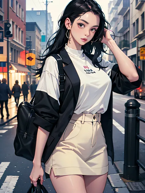 young woman 25 years old: 1.3, long black hair: 1.2, casual wear: 1.2, daytime: 1.2, on the street: 1.2, movie lighting, Surreal...