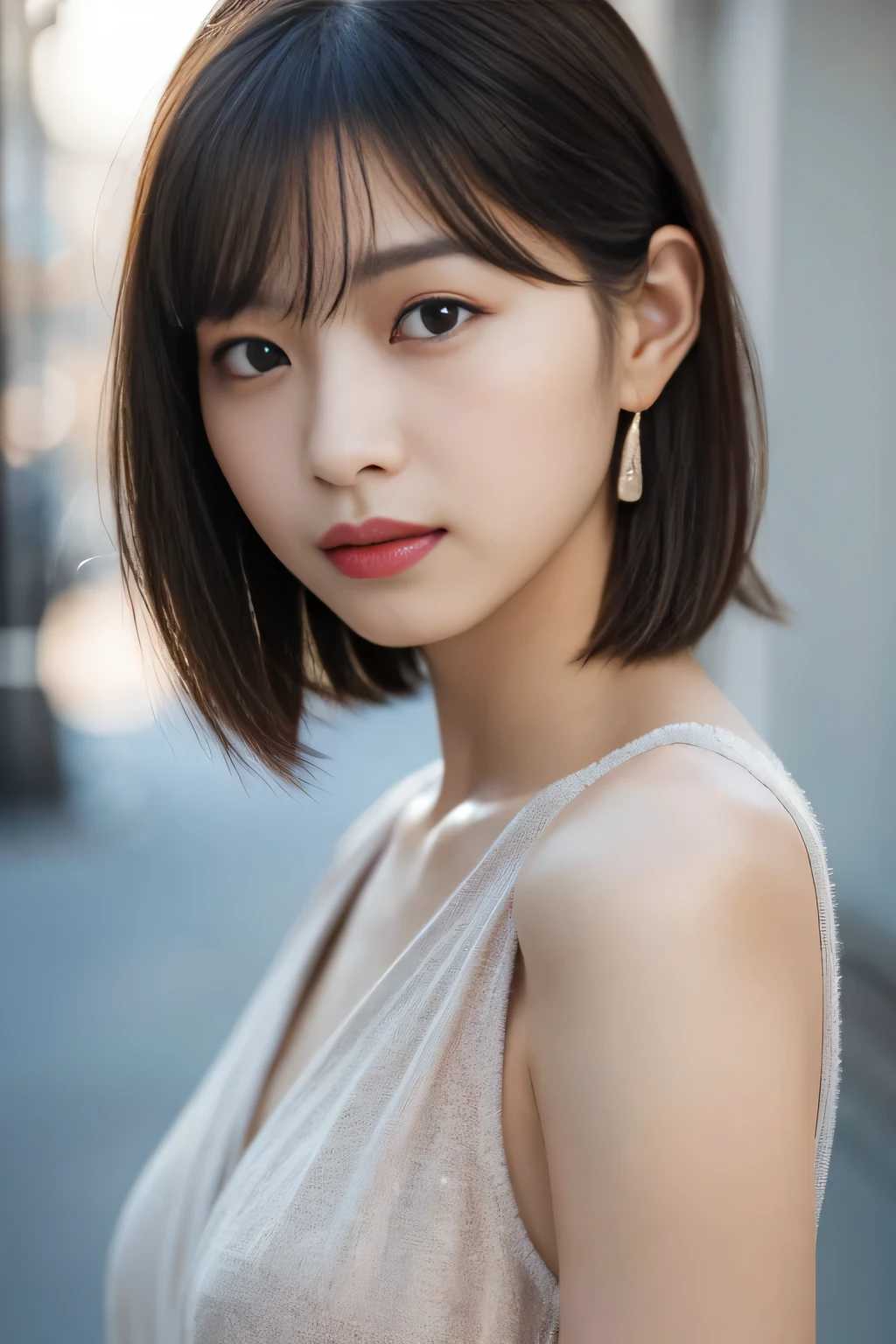 ((highest quality, 8K, masterpiece :1.3)), sharp focus：1.2, bright colors, Professional level, ((Bokeh effect)), shallow depth of field, 
20 year old female, (Half Japanese and half German woman), 1 person, 
Beautiful face with intelligence, A beautiful woman who emphasizes her supple body :1.3, 
Full body image from thighs, model body shape:1.5, 頭w:1.4, beautiful woman with perfect style：1.4, 
realistic skin texture, Fair skin, shiny skin, 
Narrow shoulders and slender body, beautiful clavicle, thin arms, long and thin legs, 
The beauty of slim abs :1.2, thin waist :1.2, 
super detailed face, beautiful small face, Symmetrical facial expression parts, Surface length contours, sharp jaw, Smooth nasal muscles, narrow space between nose and mouth, 
highly detailed eyes, long slit eyes, charming brown eyes, double eyelid, beautiful thin eyebrows, fine long eyelashes, 
Plump and glossy pink lips, My cheeks turned red, beautiful teeth, 
beautiful actress&#39;natural makeup, silver necklace, earrings, 
light brown delicate soft hair, (feminine short bob, ponytail :1.2), 
layer cut, (dull bangs:1.2), 
his mouth is half open、Staring in the direction of the camera with a dreamy expression。., 
