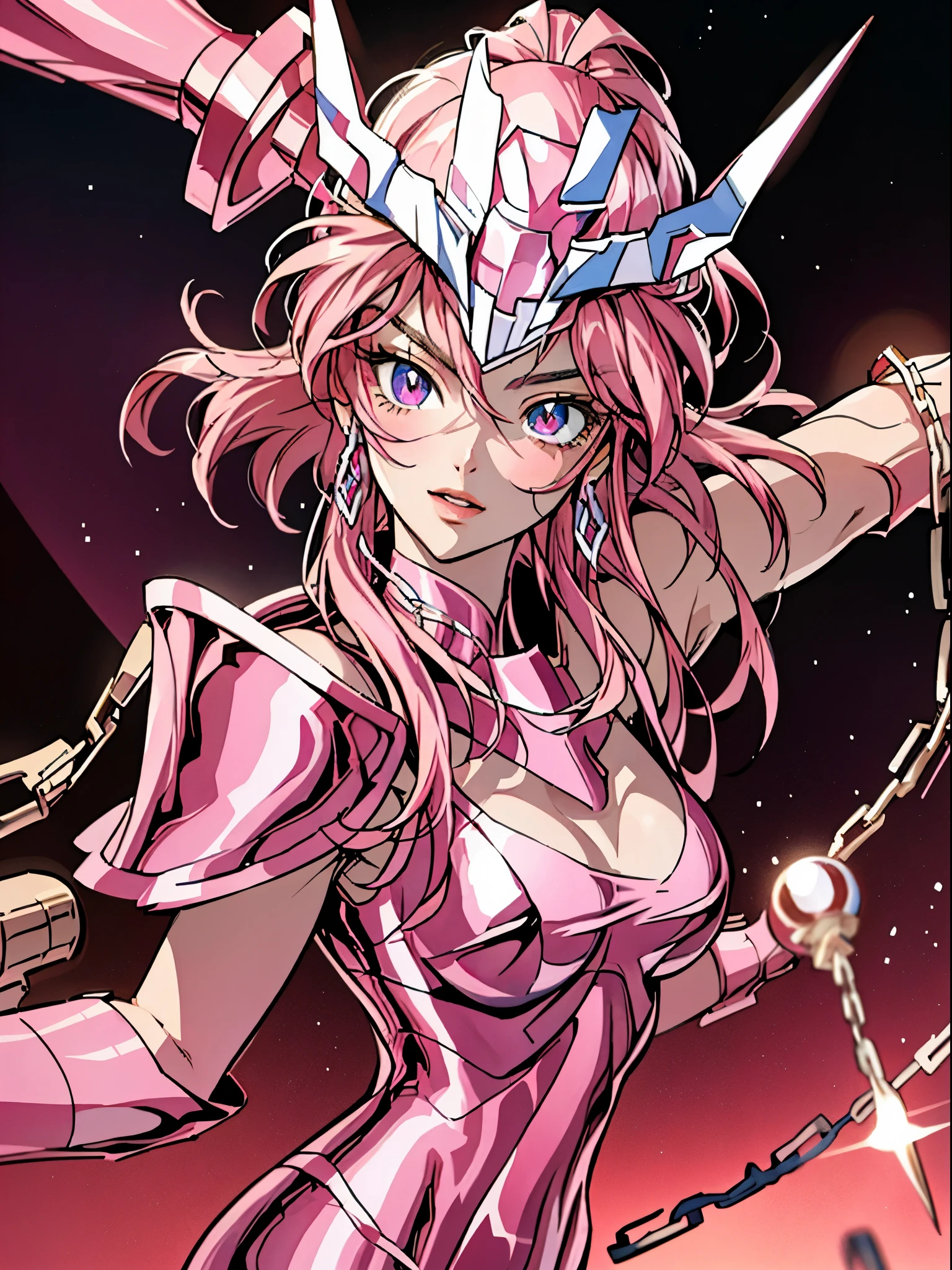 masterpiece, best quality, ultra high res, realistic skin texture, armature, (photorealistic:1.4), high resolution, raw photo, shiny skin, realistic skin texture, best lighting, sparkle, dramatic lighting, dynamic pose, (greek temple background:1.3), night sky, cosmos, milky way, 1girl, balanced eyes, Andromeda Shun, pink/purple armor, roman skirt plate, (breast plate:1.5), cleavage, pink hair, (pink helmet:1.3), red eyes, (looking at viewer:1.3), (medium breast:1.3), slight smile, (chains around arms:1.3),