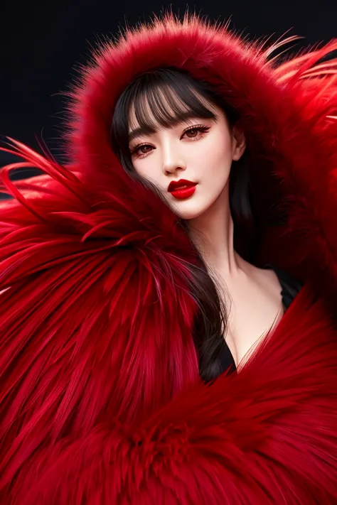 Wear a red coat、A naughty woman with red lipstick and red feathers, wearing Red fur, Red fur, wearing Red fur cloak, High fashio...