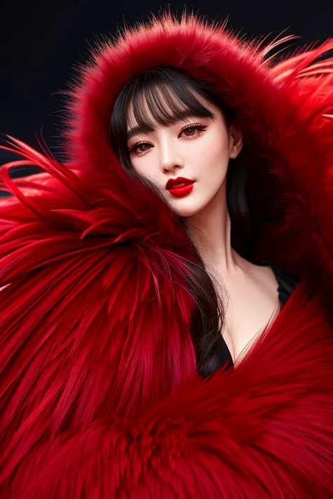 wear a red coat、a naughty woman with red lipstick and red feathers, wearing red fur, red fur, wearing red fur cloak, high fashio...