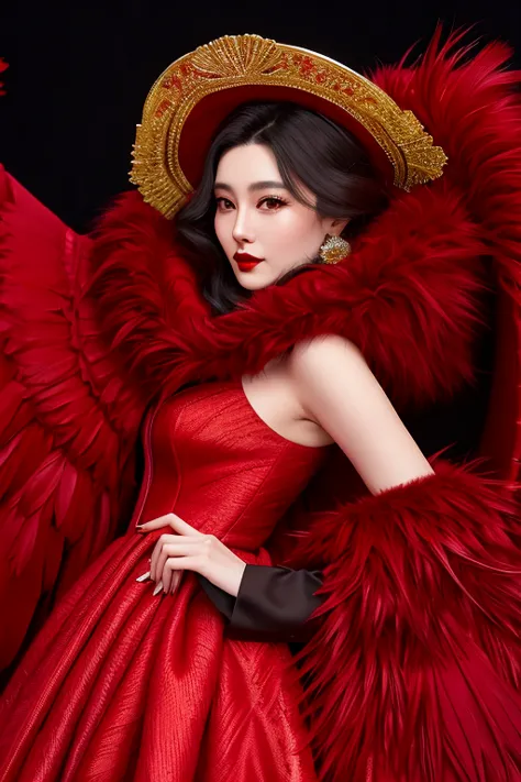 Wear a red coat、A naughty woman with red lipstick and red feathers, wearing Red fur, Red fur, wearing Red fur cloak, High fashio...