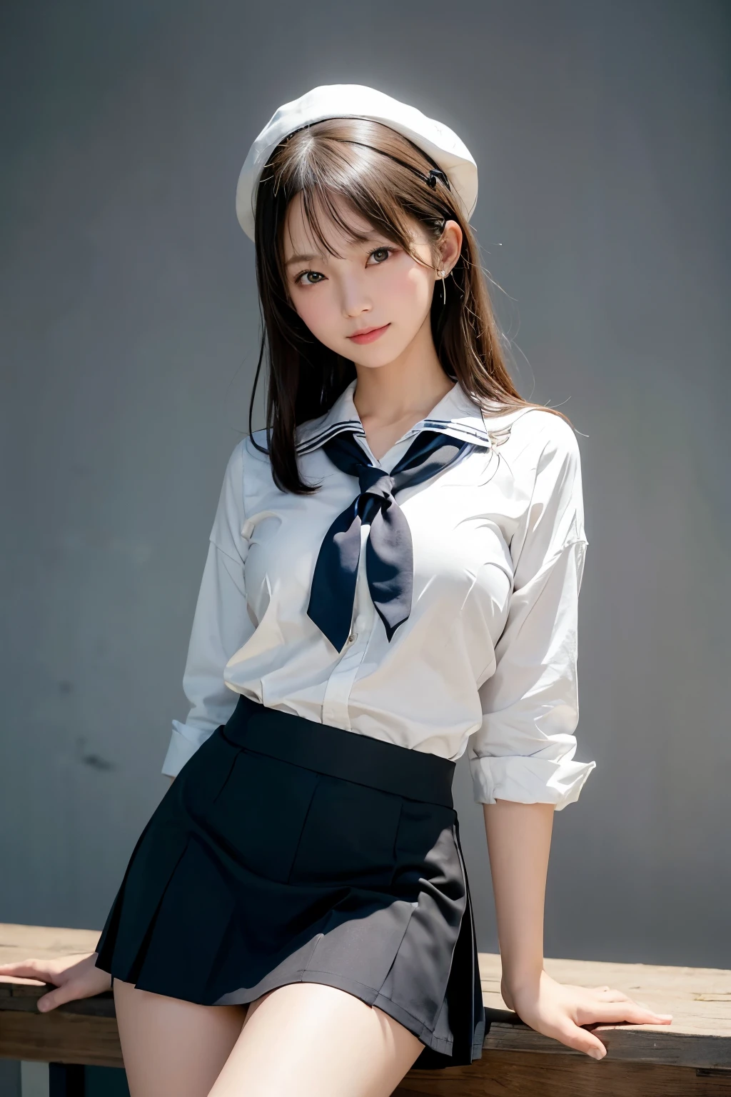 "(Best Quality, 4K, 8K, hight resolution, masutepiece:1.2), Ultra-detailed, Realistic:1.37, short light brown hair, High School Girl, Sailor Uniform, Black School Miniskirt, Super Super Slender Body, Super big breasts, Shy and cute face, Beautiful smile, Lift her skirt to show her underwear(Panchira）"