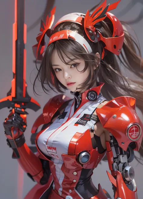 girl 1、highest quality、master piece、超A high resolution、Arad woman in futuristic suit with red mechanical wings and sword, Beauti...