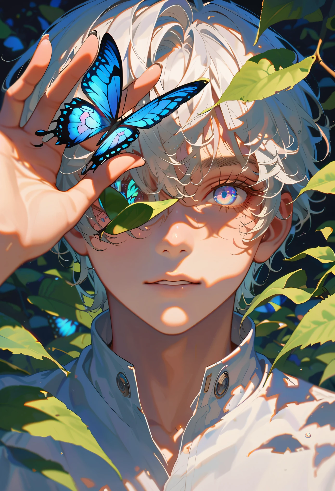 風格9，男生，用一片葉子遮住一隻眼睛，蝴蝶落在眼睛上