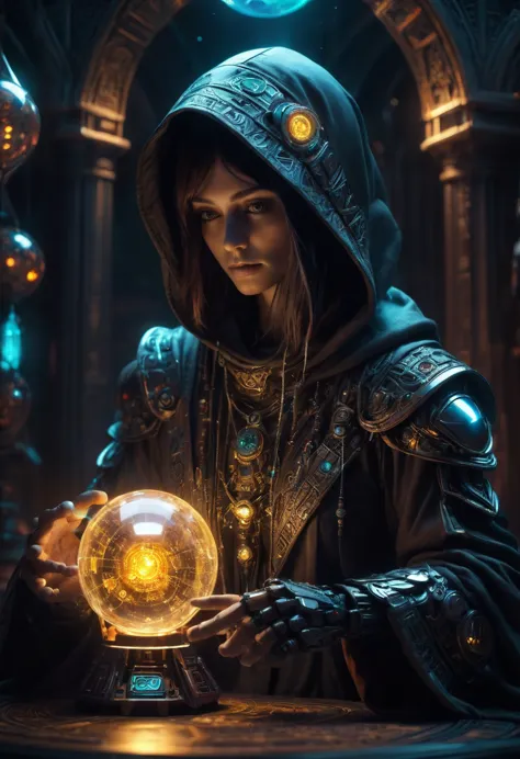 futuristic setting, sci-fi hooded robot fortune teller, gazing into a Luminous glowing trisoctahedron, (best quality, masterpiec...
