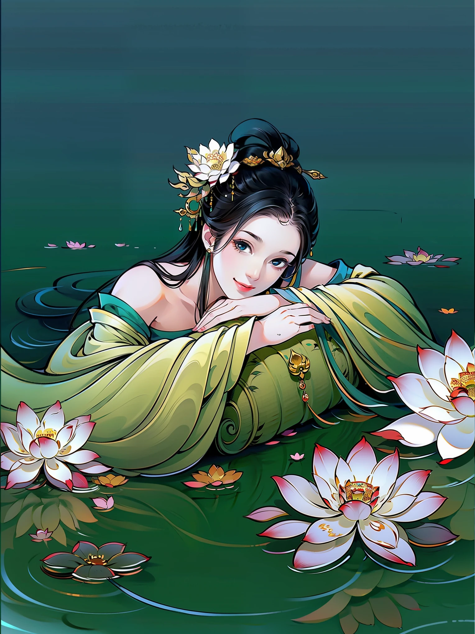 （masterpiece，super detailed，HD details，highly detailed art）1 girl lying in the water，alone，long hair，Smile，feet in water，barefoot，ink，Chinese painting，lotus, hanfu，Highly detailed character designs from East Asia，Game character costume design，ultra high resolution, sharp focus, epic work, masterpiece, (Very detailed CG unified 8k wallpaper)，pretty face，beautiful eyes，HD details