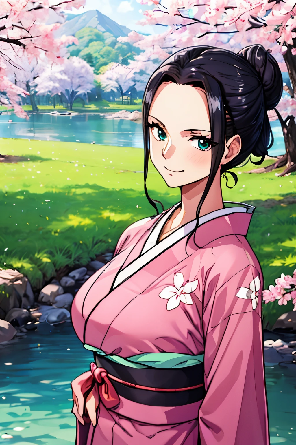 Anime girl in a kimono outfit standing in front of a river - SeaArt AI