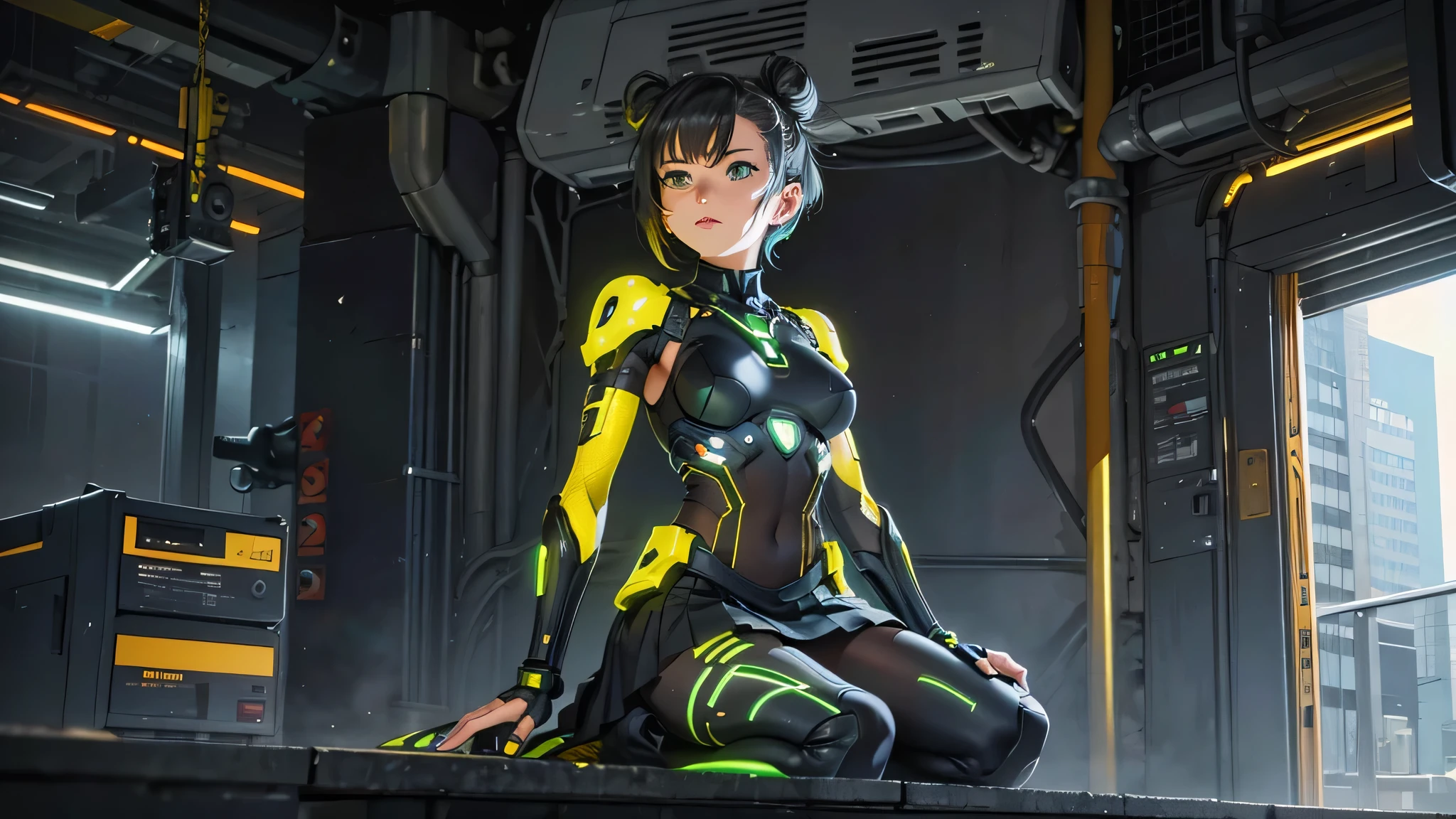 Beautiful, young, barefoot cyborg woman, wearing a cybernetic technological black and green body armor with a skirt, prosthetic arms and legs , With short hair, collected in a bun, in the futuristic room, sitting on the ground, happy facial expression.