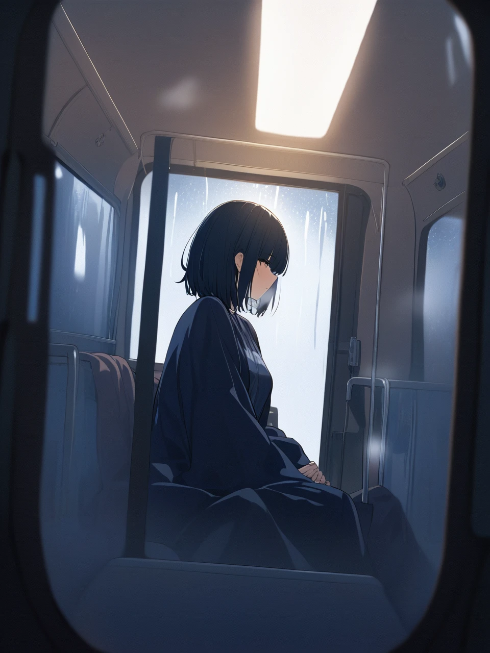 ((Masterpiece), absurd quality, 16k, 1 girl with short hair, wearing a dark blue coat, she is sitting inside a long, poorly lit subway. The perspective camera shows the entire carriage. In the carriage, in the very back, in a dark corner poorly lit by a flashing light, appears in transparent black clothing 1 Kaonashi ghost, is translucent, almost invisible due to the low lighting. The girl in profile breathes cold air that comes from her breath. A blurred light that comes from outside the carriage through the window fogged with droplets of cold rain illuminates the atmosphere of the carriage.The girl with a serene and thoughtful expression, is being observed quietly by Kaonashi.