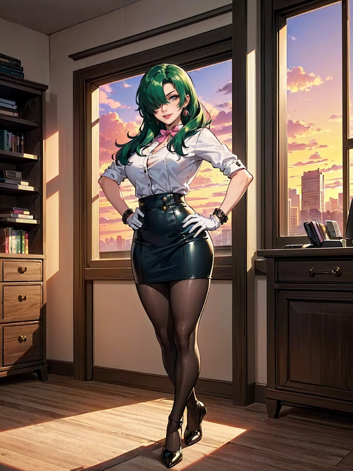 ((1girl, solo ,alone, long hair, green hair, yellow eyes, hair covering one eye, long gloves, white gloves, woman, (one hand on her hip, one hand behind her head) , dynamic pose, muscular female, gold bracelets, ruby earrings)), , ((solo, (1woman, pink lipstick), Extremely detailed, ambient soft lighting, 4k, perfect eyes, a perfect face, perfect lighting, a 1girl)), ((1girl, solo, alone, ai hayasaka, bangs, blue eyes, blonde hair, hair ornament, sidelocks, side ponytail, scrunchie, hair scrunchie, blue scrunchie)), ((solo, (1woman, pink lipstick), Extremely detailed, ambient soft lighting, 4k, perfect eyes, a perfect face, perfect lighting, a 1girl)), austere, ((shy smile, Officelady, Black suit, Black tight skirt, White blouse, Black tights, Office, lana, Beautiful woman, gazing at viewer, Looking here, hight resolution, top-quality, full body, animations, illustratio, office, penthouse, executive room, large window, landscape of a metropolis, sunset, clouds)), documents, books, table, shelves, pencil holder, computer
