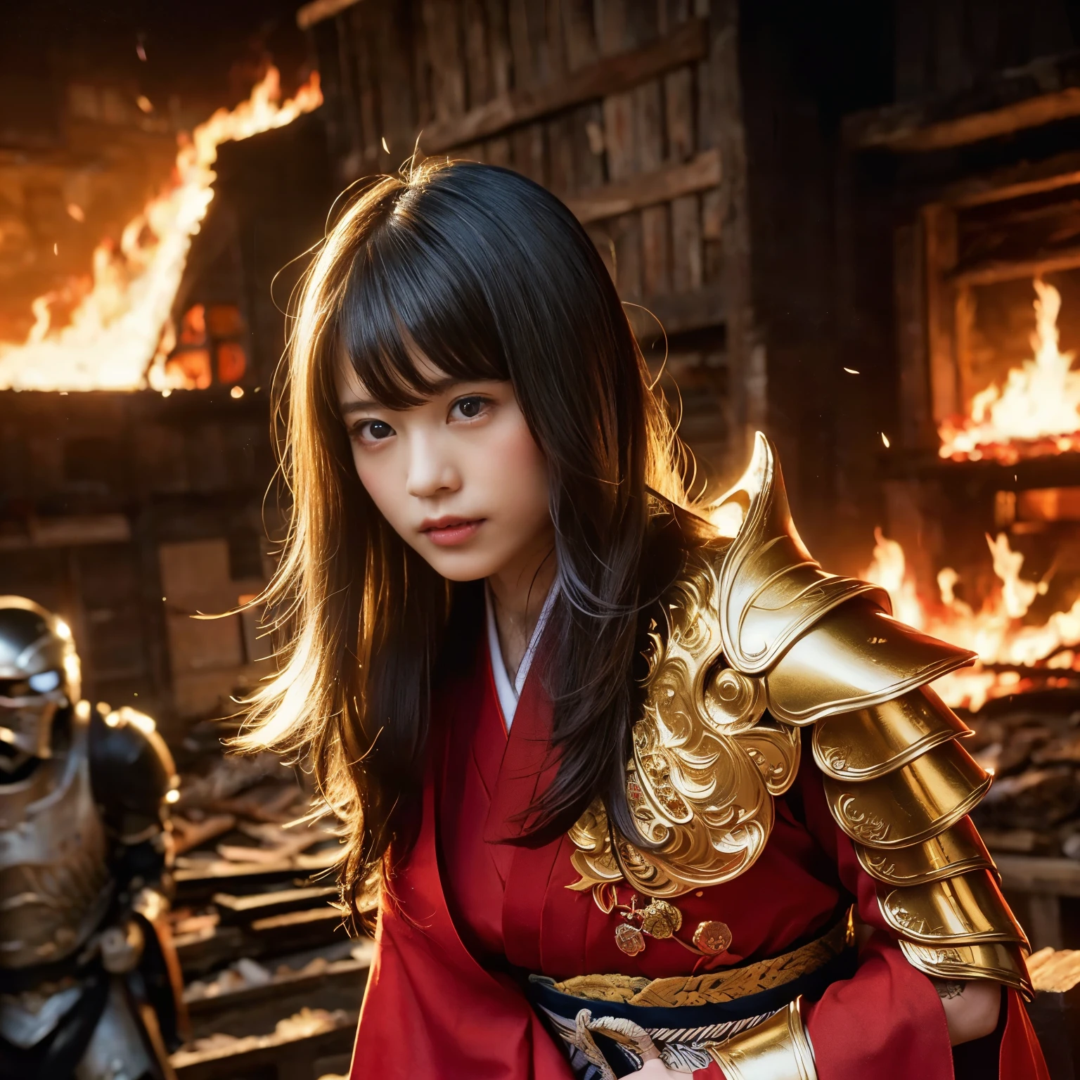 (((Realistic, masterpiece, best quality, crisp detail, high definition, high detail, sharp focus, perfect studio lightning))), 20 years old assassin, kasumi arimura, wearing (((fully decorated golden armor, armored kimono))), fighting stance, dirty, sweating, blood scattered, bloodbath, carnage, fire everywhere, smoke everywhere, blood everywhere, death everywhere, japan bakumatsu period, (((dead bodies,carcass, ,fire,smoke,burned japanese castle village,hell) traditional village background)