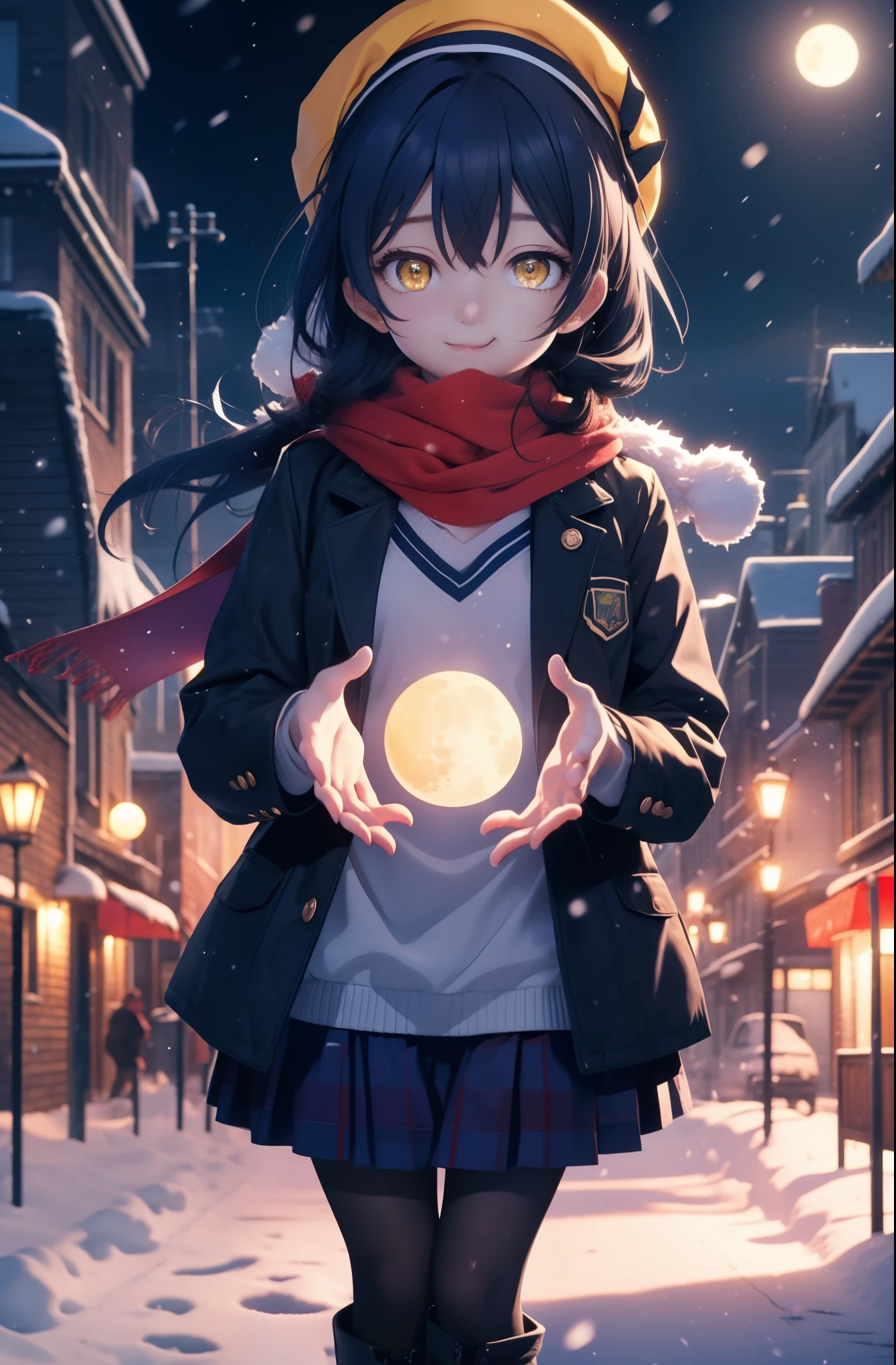 you are so kind, umi sonoda, long hair, blue hair, (yellow eyes:1.5) (flat chest:1.2),smile,blush knit hat,blue long coat, turtleneck, long skirt,black pantyhose,short boots,red orange scarf,snow is falling,It&#39;s snowing,moon,moon光、
break looking at viewer,
break outdoors, In town,residential street,
break (masterpiece:1.2), highest quality, High resolution, unity 8k wallpaper, (figure:0.8), (detailed and beautiful eyes:1.6), highly detailed face, perfect lighting, Very detailed CG, (perfect hands, perfect anatomy),