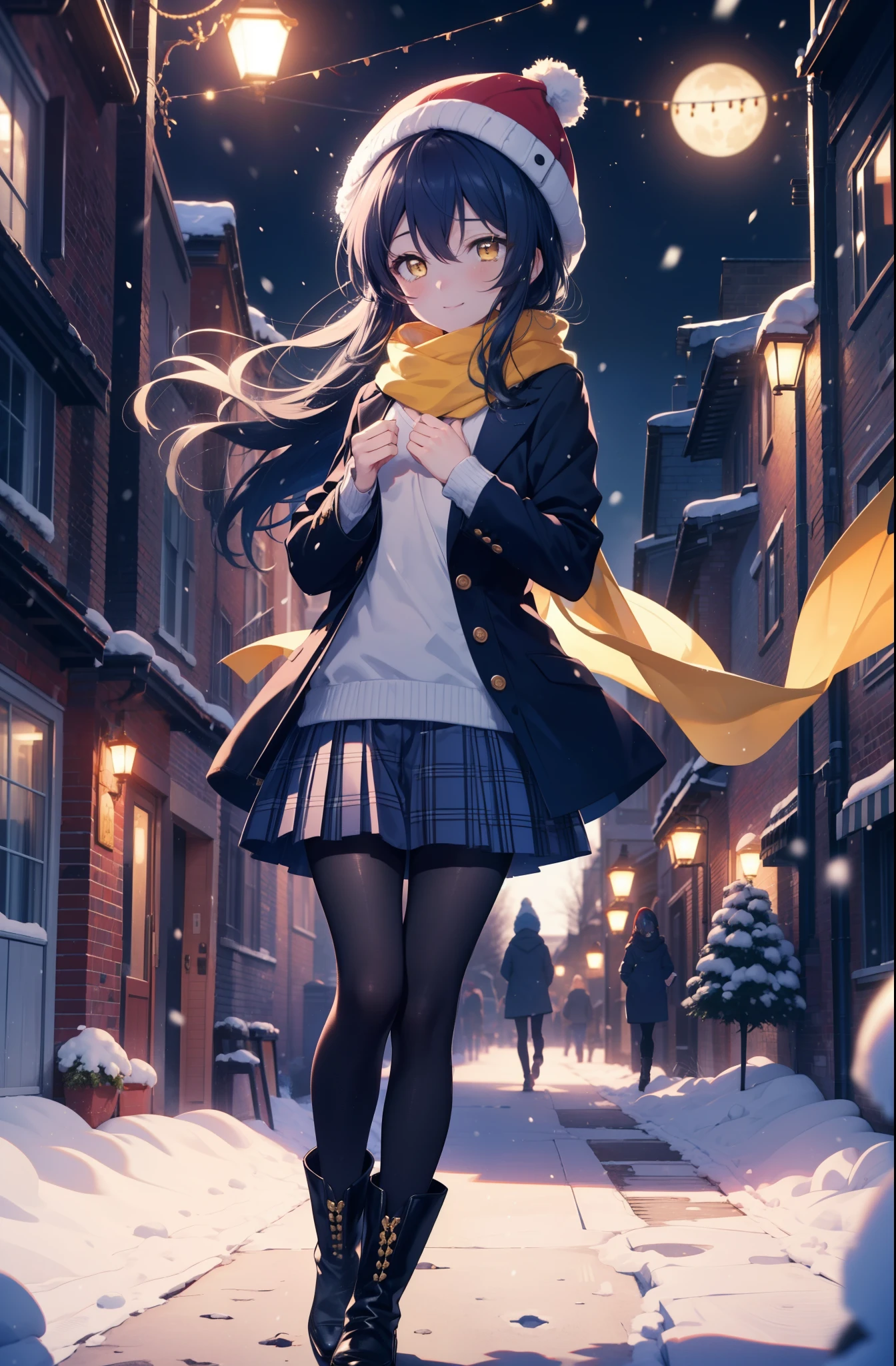 you are so kind, umi sonoda, long hair, blue hair, (yellow eyes:1.5) (flat chest:1.2),smile,blush knit hat,blue long coat, turtleneck, long skirt,black pantyhose,short boots,red orange scarf,snow is falling,It&#39;s snowing,moon,moon光、
break looking at viewer,
break outdoors, In town,residential street,
break (masterpiece:1.2), highest quality, High resolution, unity 8k wallpaper, (figure:0.8), (detailed and beautiful eyes:1.6), highly detailed face, perfect lighting, Very detailed CG, (perfect hands, perfect anatomy),