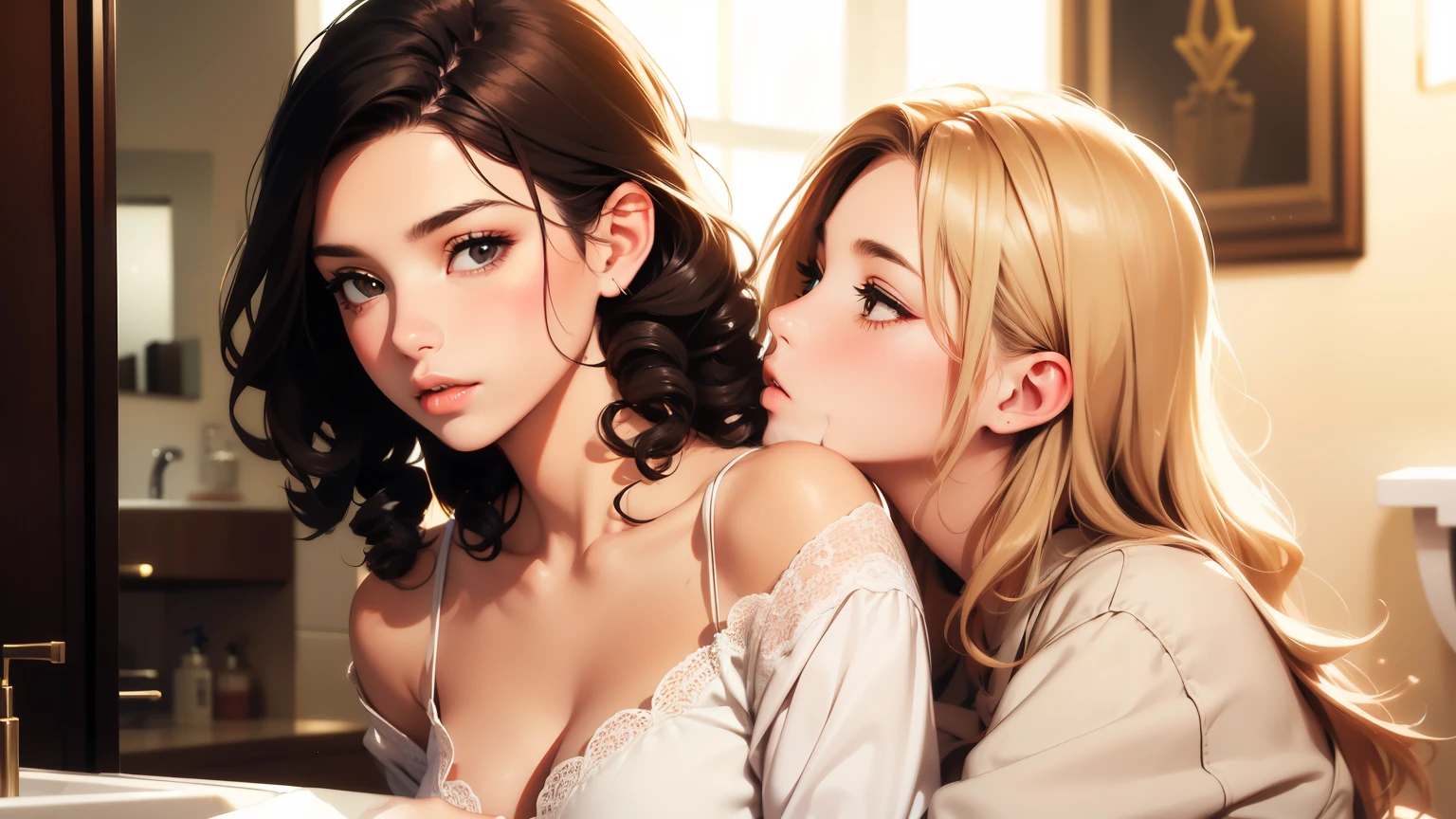 Female couple kissing woman in white shirt in bathroom, (SFW) Work, kissing together cutely, Girl Love Art, OPPEIN, Side milk, Slightly saggy big breasts, small breasts, (((Extra long yellow curly hair))), (((Shoulder-length brown side-parted short hair))), (girl love kiss), The mouth is very detailed,  (girl love hug), touch her clothes, touch her breasts, SFW version