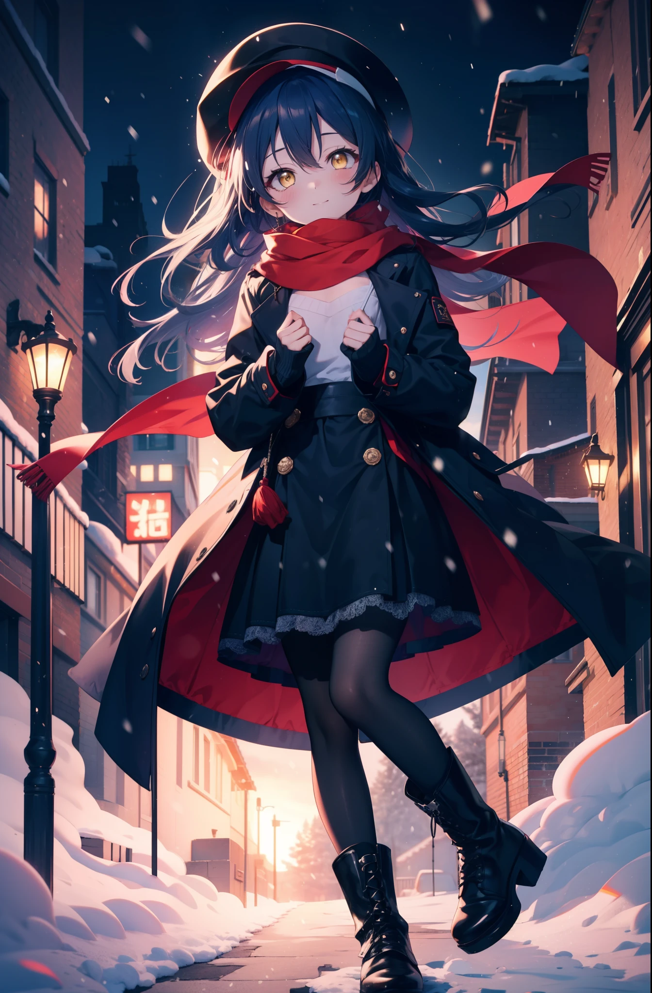 you are so kind, umi sonoda, long hair, blue hair, (yellow eyes:1.5) (flat chest:1.2),smile,blush knit hat,Blue fluffy long coat, blue fluffy gloves,turtleneck, long skirt,black pantyhose,short boots,red orange scarf,snow is falling,It&#39;s snowing,moon,moon光、
break looking at viewer,
break outdoors, In town,residential street,
break (masterpiece:1.2), highest quality, High resolution, unity 8k wallpaper, (figure:0.8), (detailed and beautiful eyes:1.6), highly detailed face, perfect lighting, Very detailed CG, (perfect hands, perfect anatomy),