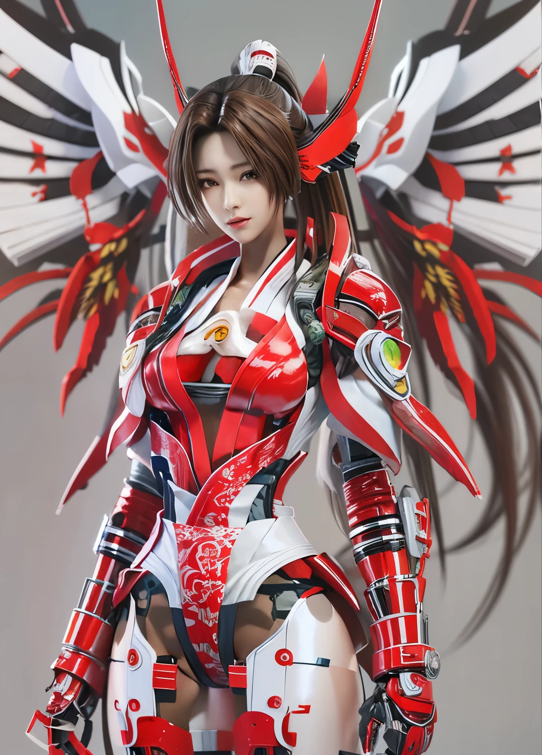 girl 1、highest quality、master piece、超A high resolution、Arad woman in futuristic suit with red mechanical wings and sword, Beautiful woman wearing red mechanical cyber armor, cyberpunk anime girl mecha, Anime robot and organic mixed together, mechanized red valkyrie girl, perfect anime cyborg woman, cute cyborg girl, female mecha, A simple futuristic cyborg, beautiful girl cyborg, beautiful robot character design,((Ultra realistic details))， Realistic character art rendering 8K, anime robot、(red glowing eyes)、have a sword、((Mai Shiranui:1.6))、high ponytail