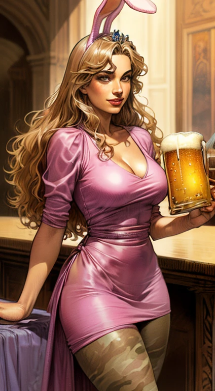 uma obra-prima, Melhor qualidade, woman wearing a pink militar camouflage dress,rabbit ears tiara,Druuna,fake eyelashes,fleshy lips,looking to observer, little smile,light pink pantyhose,holding a beer mug,Paolo Serpieri Arte, Luis Royo Arte, milo manara arte, Bernie Wrightson arte, SCENARIO florest 