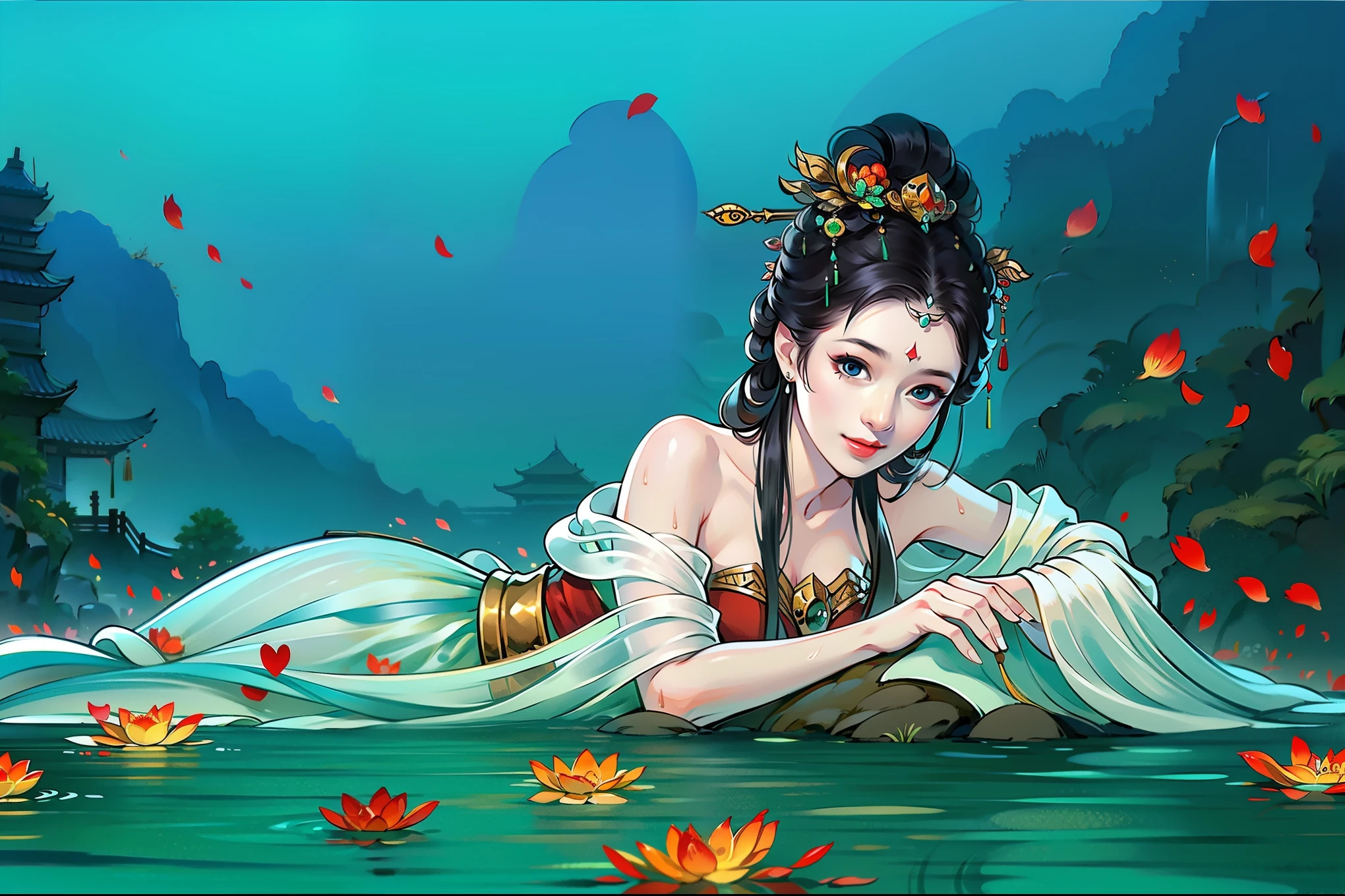 （masterpiece，super detailed，HD details，highly detailed art）1 girl lying in the water，alone，Wet clotheessy hair，Smile，hot spring water，water vapor，bare shoulders, petal，Clear water，hanfu，Ripples in the water，Highly detailed character designs from East Asia，Game character costume design，ultra high resolution, sharp focus, epic work, masterpiece, (Very detailed CG unified 8k wallpaper)，pretty face，beautiful eyes，HD details