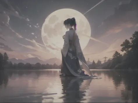 alone, beautiful women, The world of martial arts, Chinese clothing, ancient custom, wind blows, flowering, pond, night, moon re...