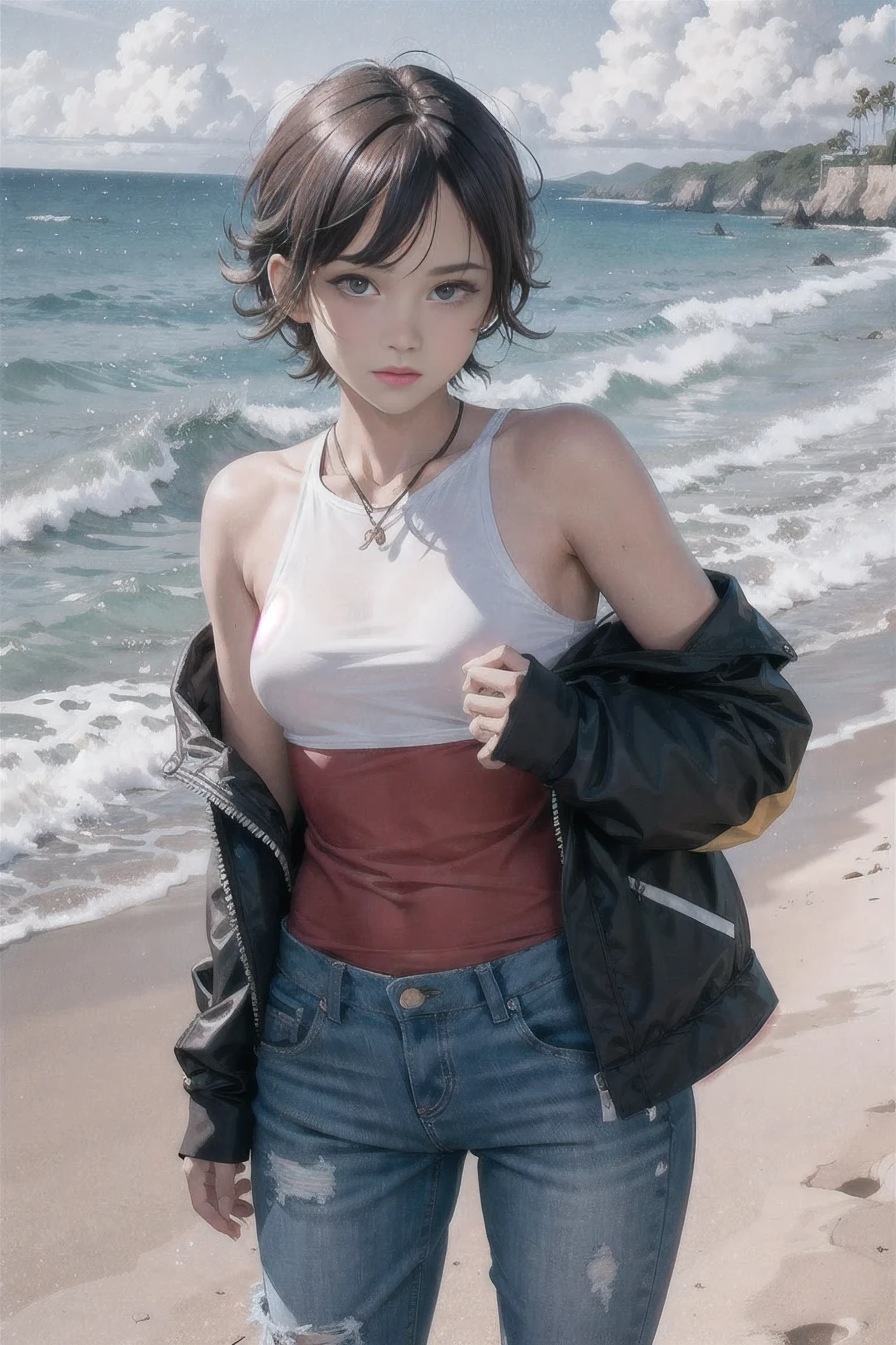 Handsome tomboy ,loose clothing;, beach