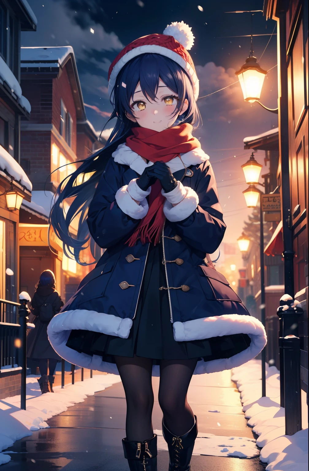 you are so kind, umi sonoda, long hair, blue hair, (yellow eyes:1.5) (flat chest:1.2),smile,blush knit hat,Blue fluffy long coat, blue fluffy gloves,sweater, long skirt,black pantyhose,short boots,red orange scarf,snow is falling,It&#39;s snowing,moon,moon光、
break looking at viewer,
break outdoors, In town,residential street,
break (masterpiece:1.2), highest quality, High resolution, unity 8k wallpaper, (figure:0.8), (detailed and beautiful eyes:1.6), highly detailed face, perfect lighting, Very detailed CG, (perfect hands, perfect anatomy),