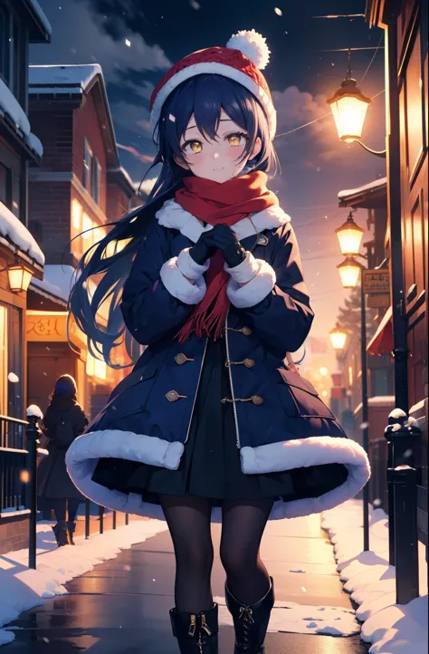 you are so kind, umi sonoda, long hair, blue hair, (yellow eyes:1.5) (flat chest:1.2),smile,blush knit hat,blue fluffy long coat...