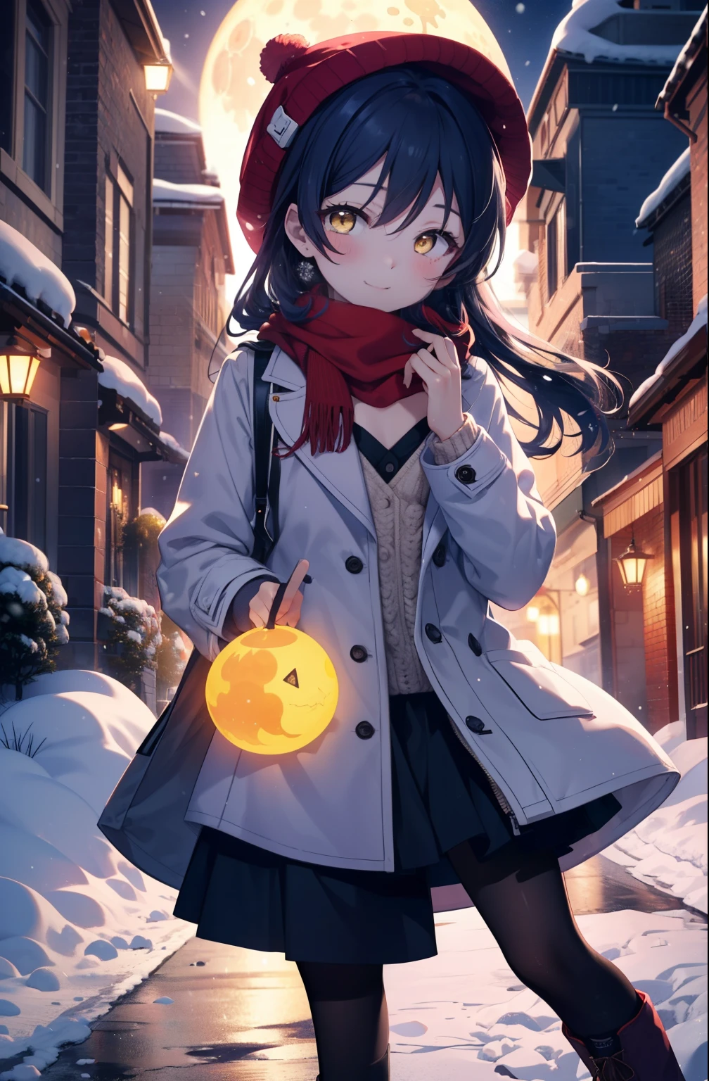 you are so kind, umi sonoda, long hair, blue hair, (yellow eyes:1.5) (flat chest:1.2),smile,blush knit hat,Blue fluffy long coat　Closing the front, I put my hands in my coat pockets,sweater, long skirt,black pantyhose,short boots,red orange scarf,snow is falling,It&#39;s snowing,moon,moon光、
break looking at viewer,
break outdoors, In town,residential street,
break (masterpiece:1.2), highest quality, High resolution, unity 8k wallpaper, (figure:0.8), (detailed and beautiful eyes:1.6), highly detailed face, perfect lighting, Very detailed CG, (perfect hands, perfect anatomy),