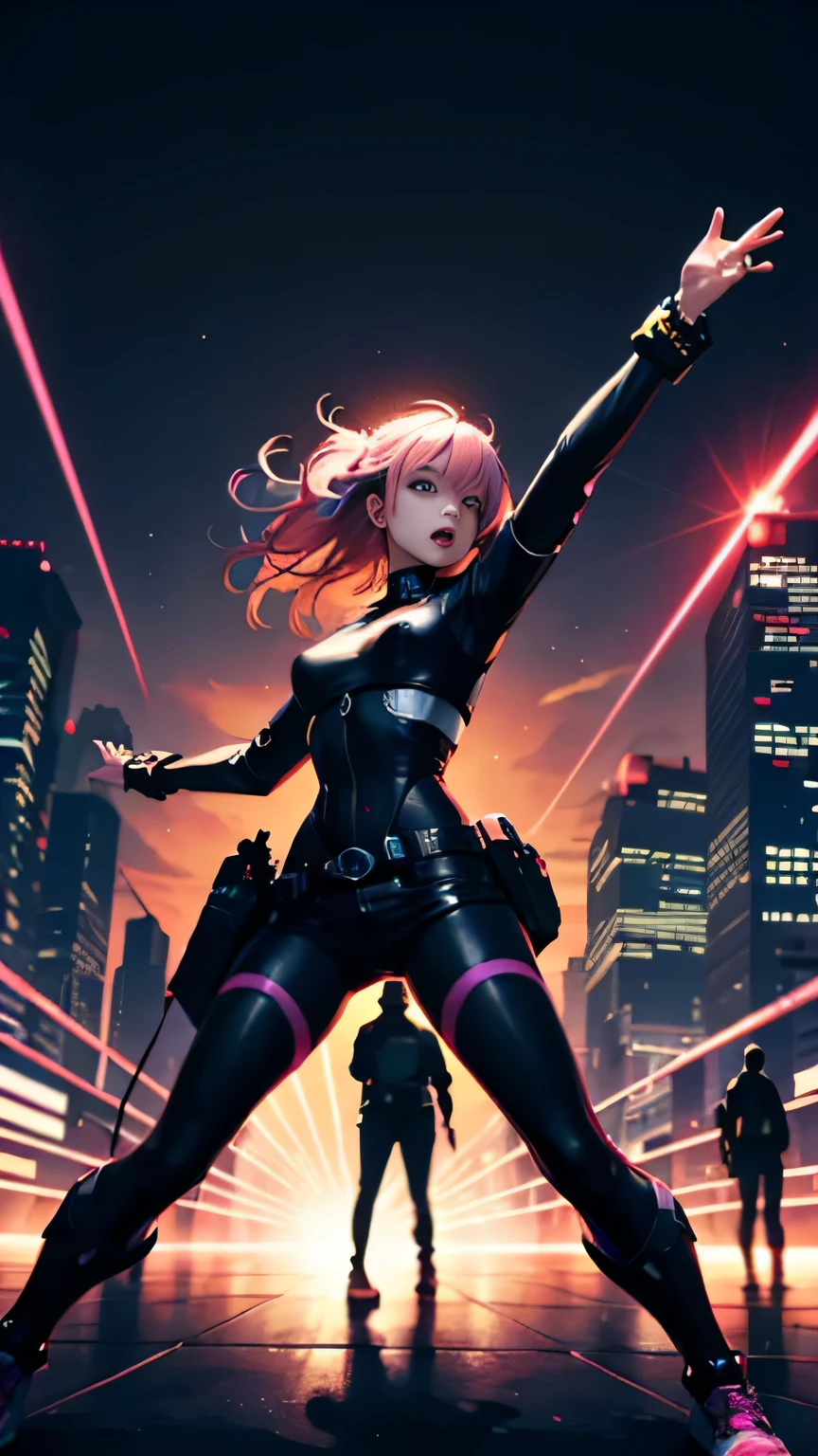 cyberpunk, pink hair, futuristic, surreal, Extra wide, Wide-angle lens, look up, Dynamic movement, expressive, Full of energy, rim of sacred membrane, laser hologram