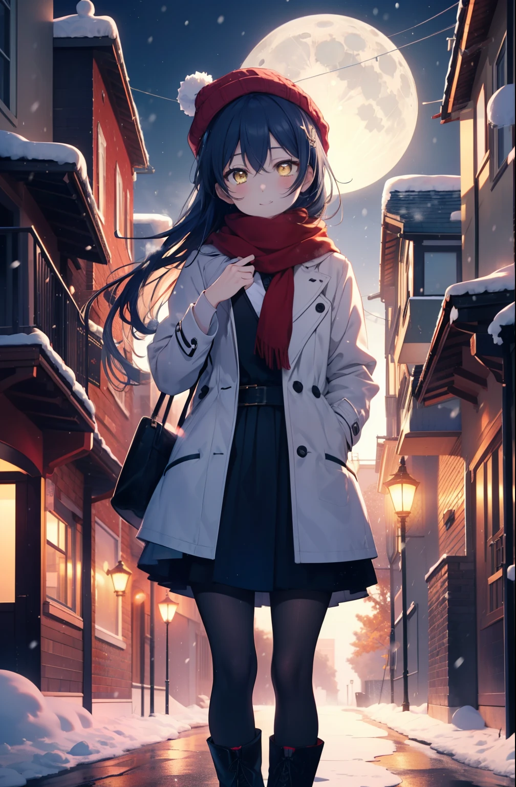 you are so kind, umi sonoda, long hair, blue hair, (yellow eyes:1.5) (flat chest:1.2),smile,blush knit hat,Blue fluffy long coat　Closing the front, I put my hands in my coat pockets,sweater, long skirt,black pantyhose,short boots,red orange scarf,snow is falling,It&#39;s snowing,moon,moon光、
break looking at viewer,
break outdoors, In town,residential street,
break (masterpiece:1.2), highest quality, High resolution, unity 8k wallpaper, (figure:0.8), (detailed and beautiful eyes:1.6), highly detailed face, perfect lighting, Very detailed CG, (perfect hands, perfect anatomy),