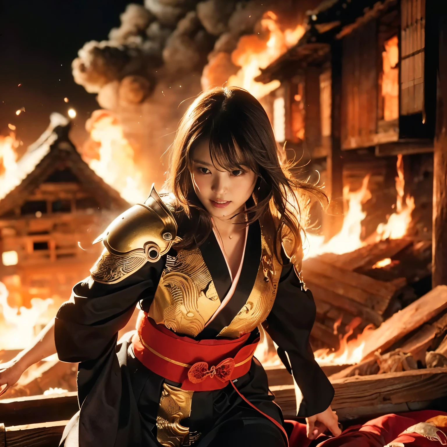 (((Realistic, masterpiece, best quality, crisp detail, high definition, high detail, sharp focus, perfect studio lightning))), 20 years old assassin,((( in the middle of a war, kasumi arimura, fighting stance))), wearing (((fully decorated golden armor, armored kimono, blood scattered face, blood bath, blood shed))), (((fire everywhere, smoke everywhere, blood everywhere, death everywhere, japan bakumatsu period, dead bodies,carcass, ,fire,smoke,burned japanese castle village,hellish ) traditional village background)