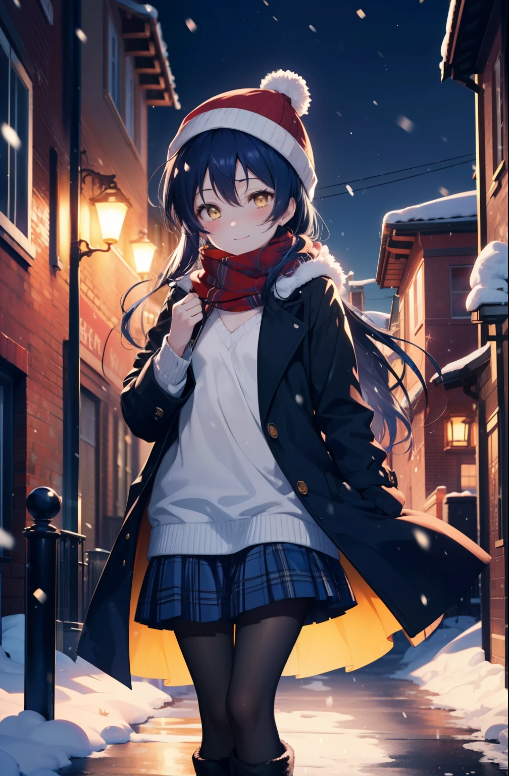 you are so kind, umi sonoda, long hair, blue hair, (yellow eyes:1.5) (flat chest:1.2),smile,blush knit hat,Blue fluffy long coat　Closing the front, I put my hands in my coat pockets,sweater, long skirt,black pantyhose,short boots,red orange scarf,snow is falling,It&#39;s snowing,moon,moon光、
break looking at viewer,
break outdoors, In town,residential street,
break (masterpiece:1.2), highest quality, High resolution, unity 8k wallpaper, (figure:0.8), (detailed and beautiful eyes:1.6), highly detailed face, perfect lighting, Very detailed CG, (perfect hands, perfect anatomy),
