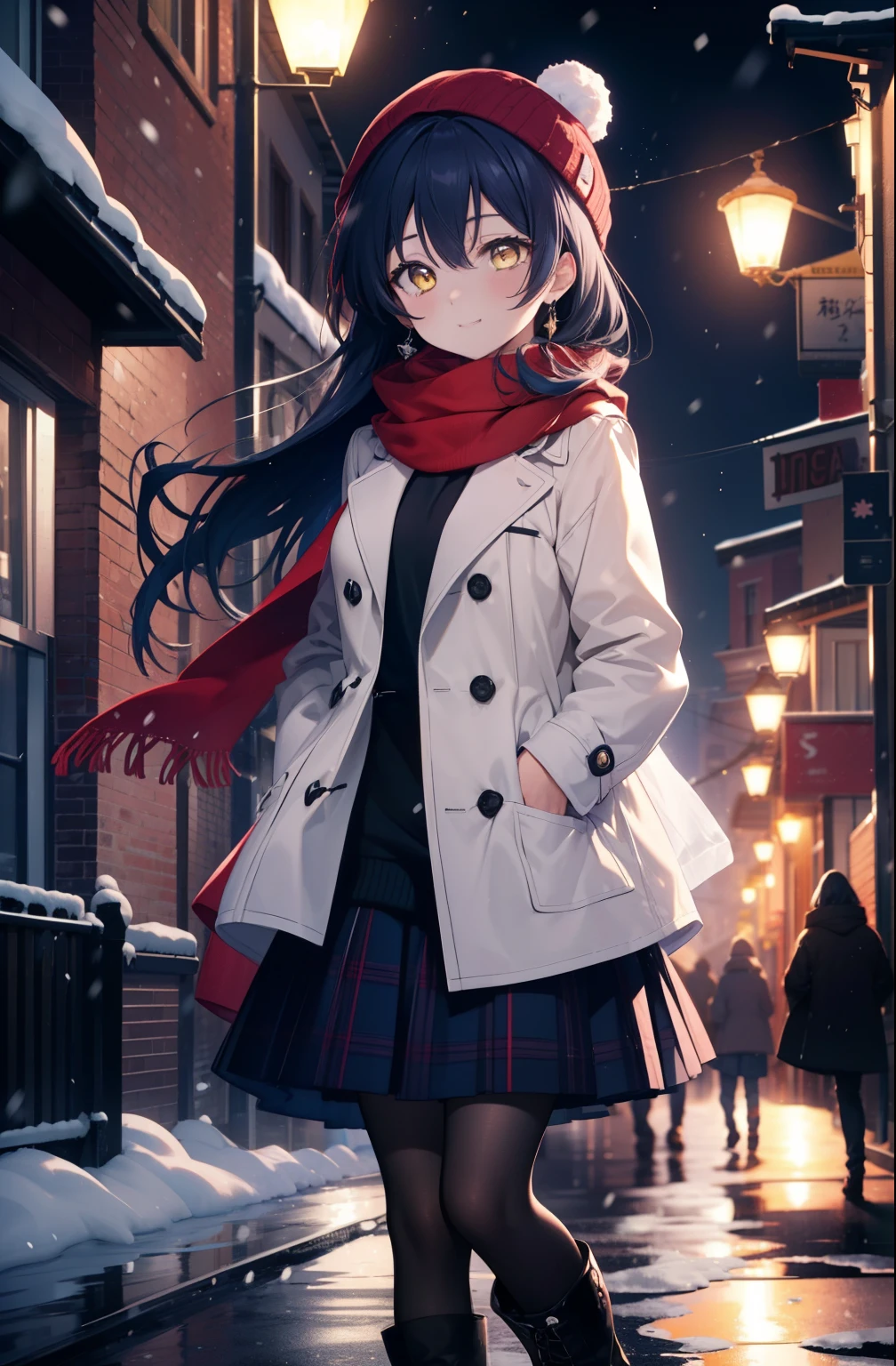 you are so kind, umi sonoda, long hair, blue hair, (yellow eyes:1.5) (flat chest:1.2),smile,blush knit hat,Blue fluffy long coat　Closing the front, I put my hands in my coat pockets,sweater, long skirt,black pantyhose,short boots,red orange scarf,snow is falling,It&#39;s snowing,moon,moon光、
break looking at viewer,
break outdoors, In town,residential street,
break (masterpiece:1.2), highest quality, High resolution, unity 8k wallpaper, (figure:0.8), (detailed and beautiful eyes:1.6), highly detailed face, perfect lighting, Very detailed CG, (perfect hands, perfect anatomy),