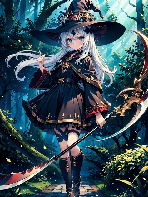 (masterpiece), best quality, highly detailed, A Magus girl with white hair holdding a magical scythe, witch hat, huge horn, frill short skirt, red and black outfit, scythe, magic light, background is dark forests