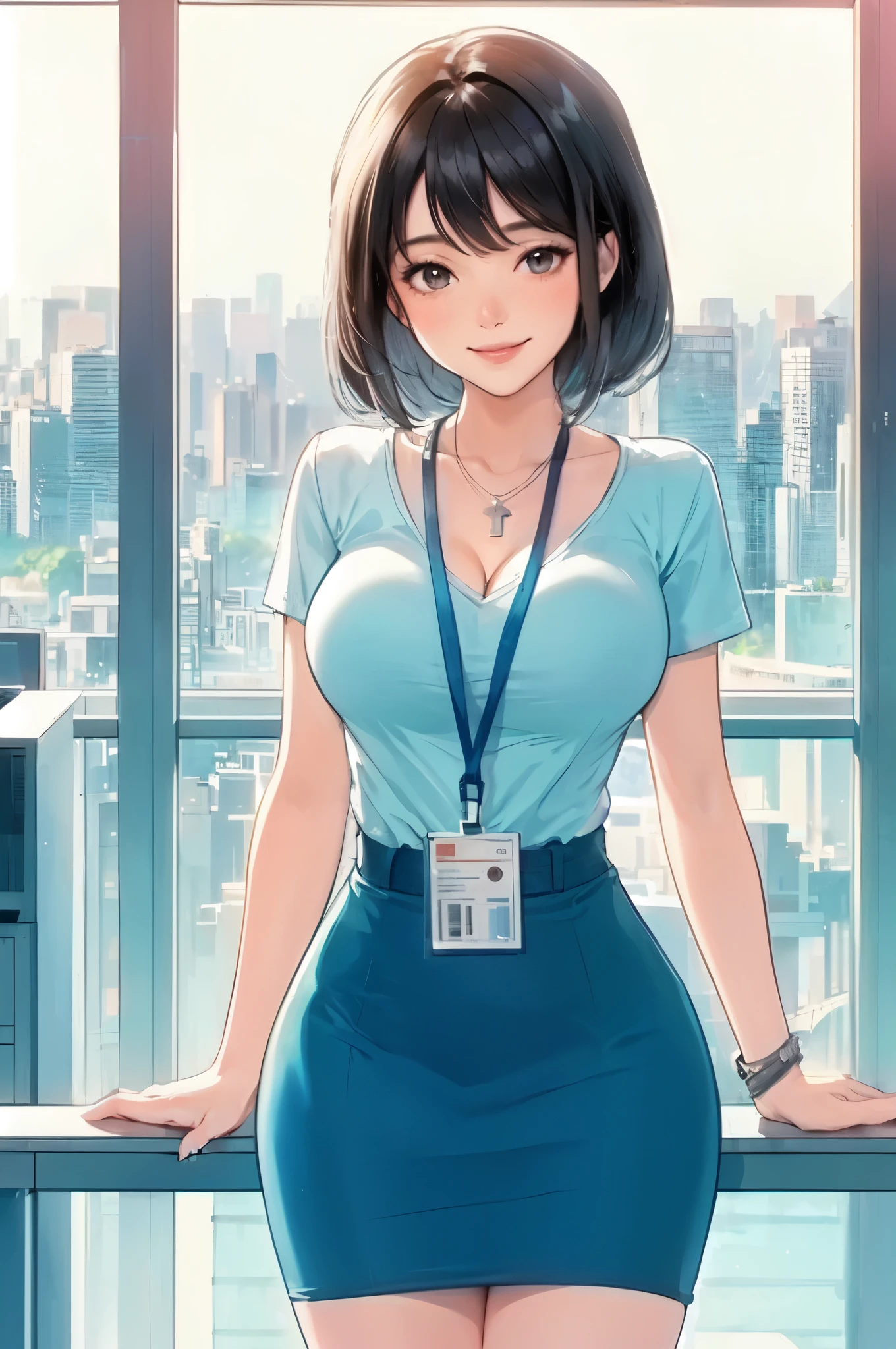 1lady standing, /(casual shirt/) (pencil skirt:1.1) /(id card lanyard/), mature female, /(black hair/) bangs, blush kind smile, (masterpiece best quality:1.2) delicate illustration ultra-detailed, large breasts BREAK /(modern office indoors/), window skyscraper