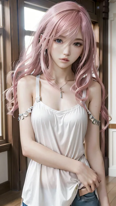 (masterpiece, highest quality:1.3)
 1 girl, alone, so beautiful、long hair, pink hair、camisole